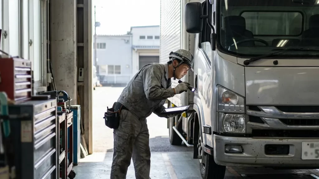 トラックを点検する整備士