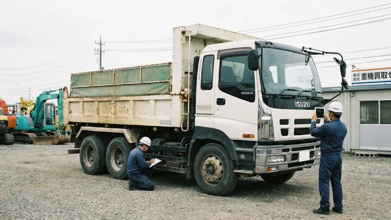 ダンプトラックを査定する査定士